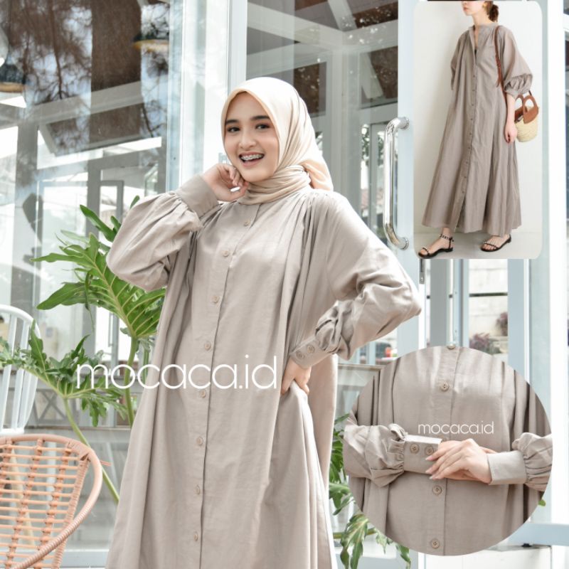 Dress Cream Elegan Ootd Hijabers bahan katun linen rami lengan kancing casual klasik dovey