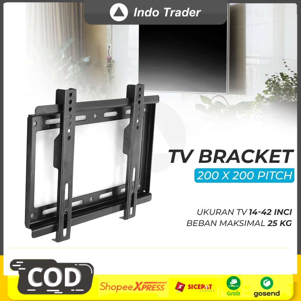 Bracket TV Dinding Bisa Geser Kiri Kanan 1.3mm Thick 200 x 200 Pitch 4.5cm untuk Layar 14-42 Inch