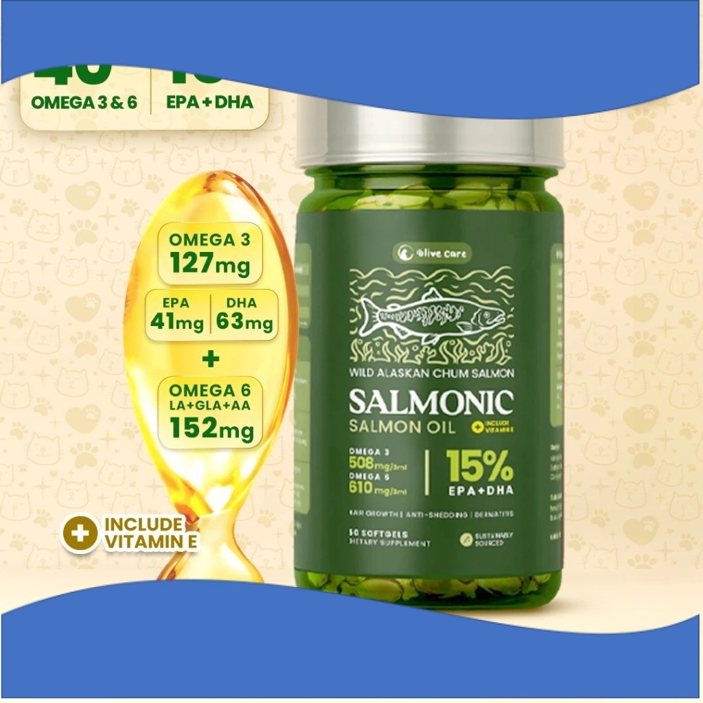 

Olive Care Minyak Ikan Kucing SALMONIC Murni dan Alami Non-GMO Tinggi Omega 3 EPA DHA dan Omega 6 Fish Oil untuk Pertumbuhann- Bigseller