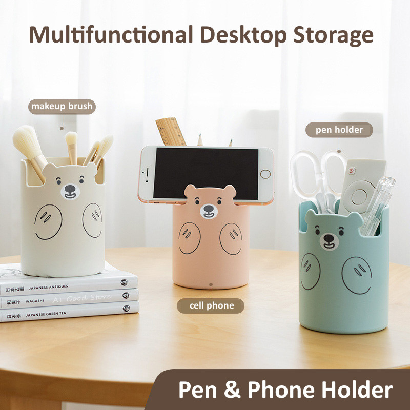

Cute Bear Pencil Holder Plastic Makeup Brush Holder Desktop Organizer Storage Box Pen Pot Phone Holder Kawaii Stationery Contain