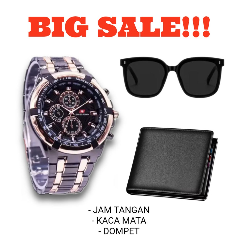 JAM TANGAN RANTAI PRIA TALI RANTAI SPORT BONUS KACAMATA & DOMPET TERLARIS-JAM TANGAN PRIA RANTAI STA