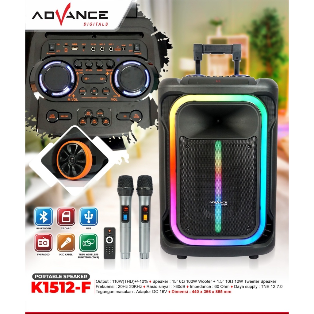 Advance K1512-F Speaker Meeting Bluetooth Aktif 15" Free 2 Mic Karoke K1512F
