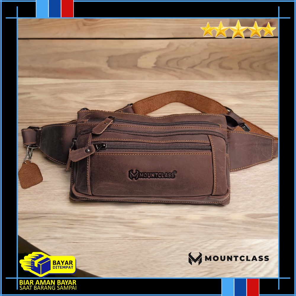 (Mountclass) Tas Pinggang Waistbag Selempamg Kulit Asli Pria Cowok Tas Slempang Slingbag Waist Bag W