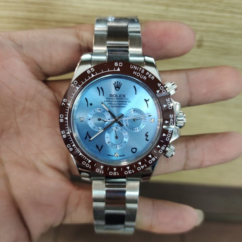 【COD】 KERATON JAM TANGAN PRIA ROLEX DAYTONA COSMOGRAPH SILVER BLUE ICE DIAL TULISAN ARAB AUTOMATIC J