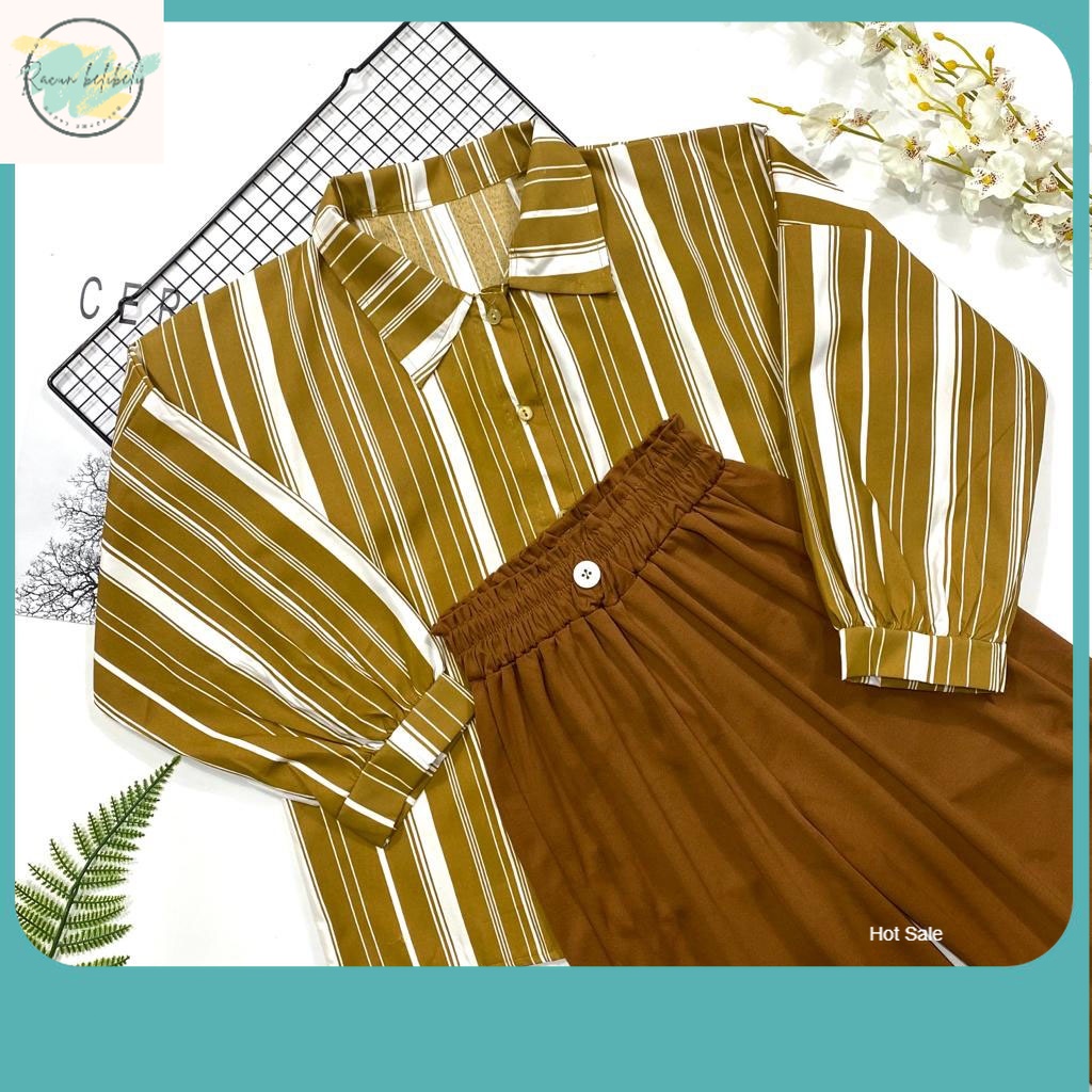 One Set Terbaru / IL - SETELAN KEMEJA LOLY MILO MOTIF SALUR / ONE SET KULOT KANCING CEREPE PREMIUM