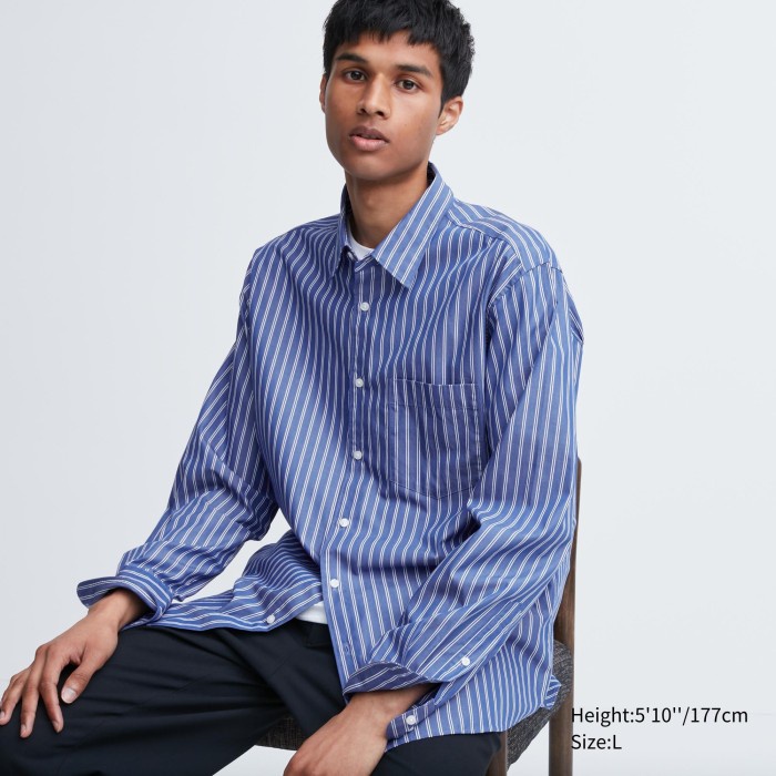 UNIQLO Kemeja Broadcloth Extra Fine Garis Lengan Panjang 462378 Pria