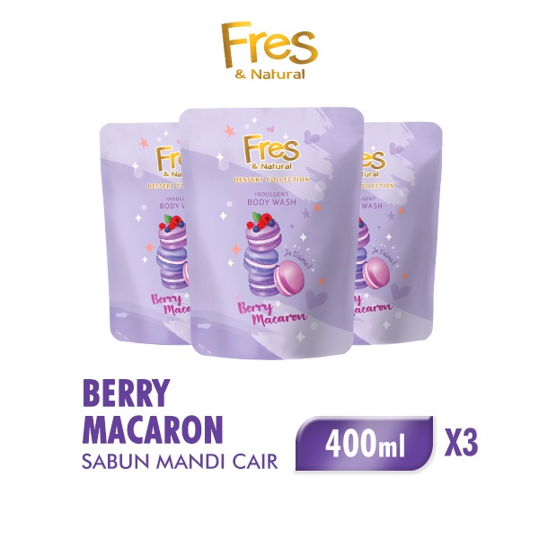 Fres & Natural Sabun Mandi Cair Berry Macaron Pouch 400 ml x3