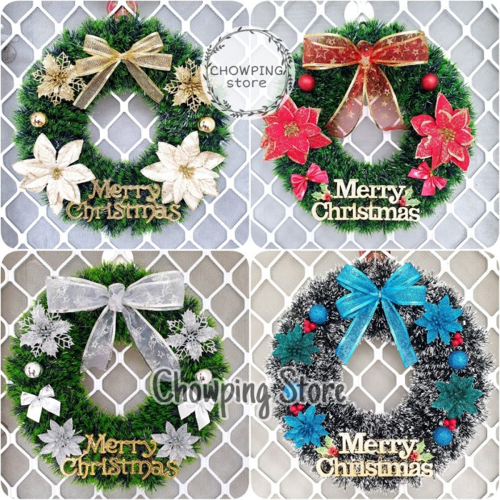 

Krans Merry Christmas Wreath Hiasan Gantungan Pita Garland Pintu Natal - Merah