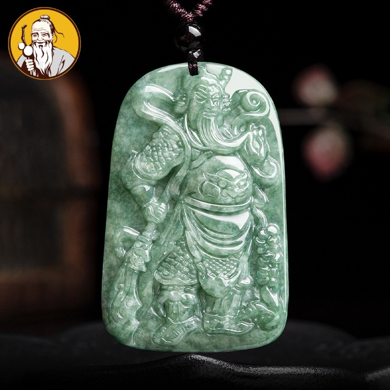 Dengan Sertifikat：Jadeite alami, liontin Keberuntungan Bela Diri Guan Gong hijau kacang.