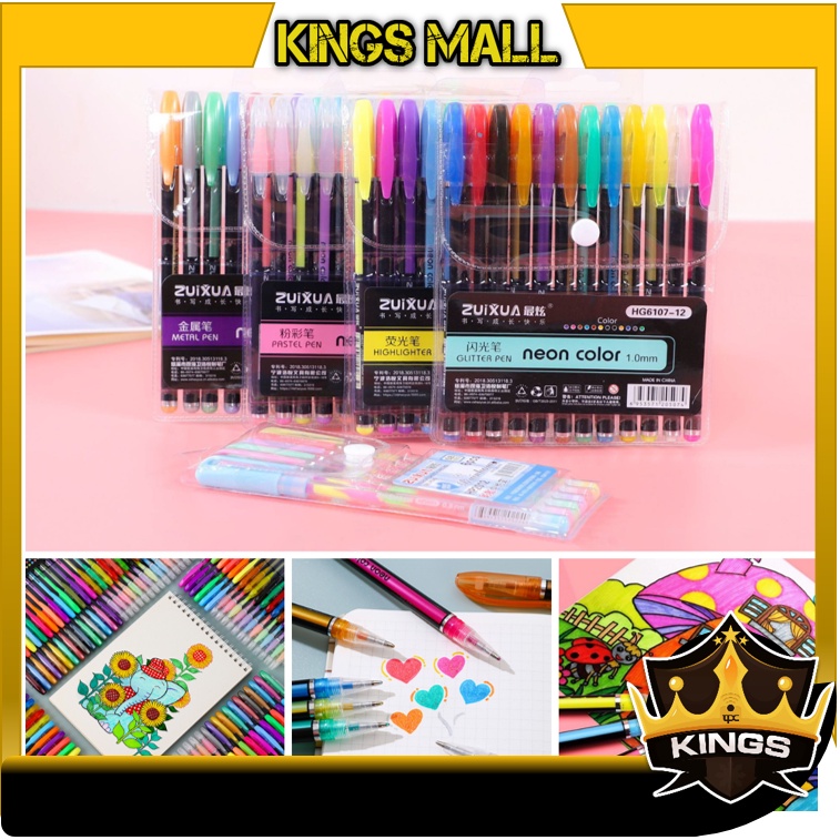 

KINGS - S6076 Pen Gel Color / Colorful Pulpen Gel Ink / Pulpen Gel Glitter / Pulpen Warna-Warni 12 PCS / Pulpen Warna-Warni Tinta
