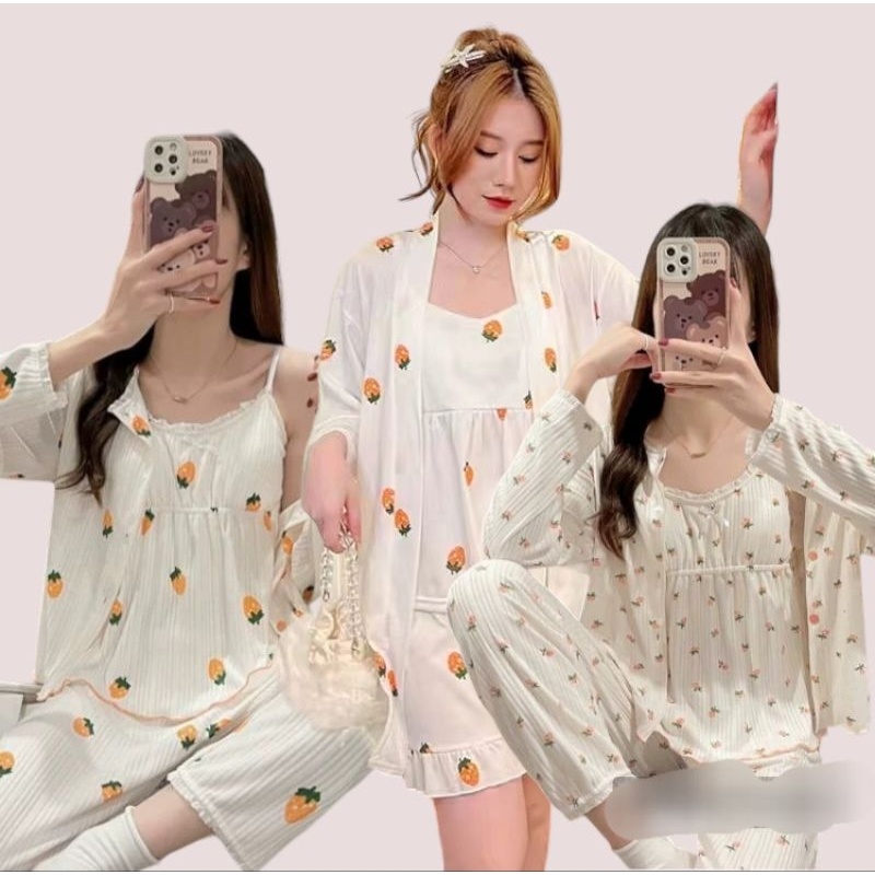 SETELAN PIYAMA KIMONO TIDUR WANITA 3IN1 PP KATUN IMPORT PREMIUM SET BAJU TIDUR KIMONO WANITA DEWASA 