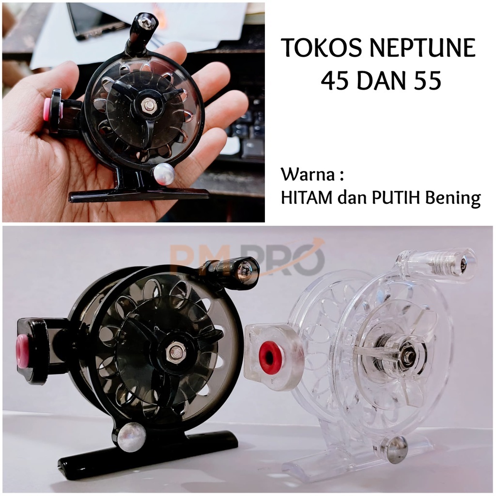 Reel Tokos Neptune 45 Dan 55 /Tokos Abs Hitam Putih Bening Gulungan Senar Pancing Mini Size 4.5cm & 