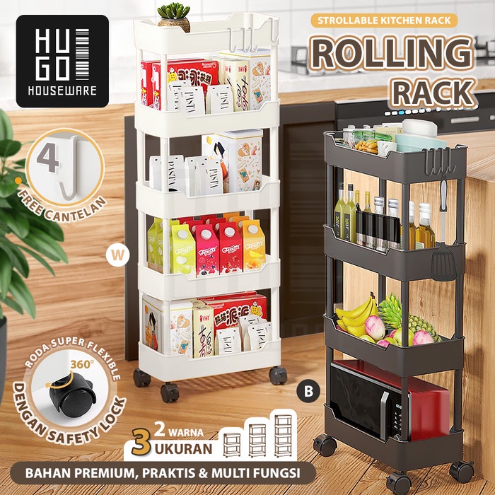 HUGO Rak Dapur Serbaguna Rak Troli Rak Kamar Mandi Rak Susun Plastik - 3 Susun Putih