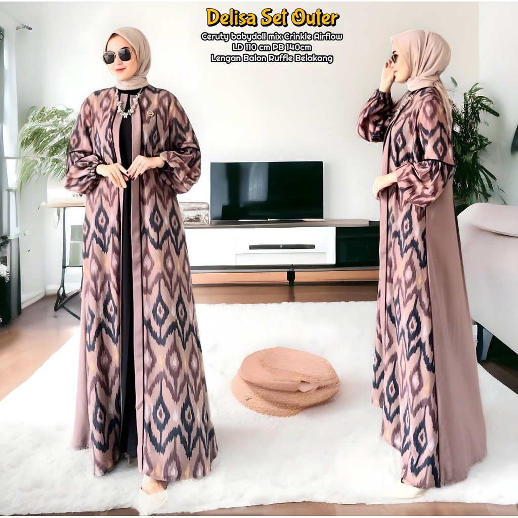 Delisa Dress Outer 2 | Dress Wanita Ceruti Babydoll Mix Crinkle Gamis Terbaru Lengan Balon LD 110 cm