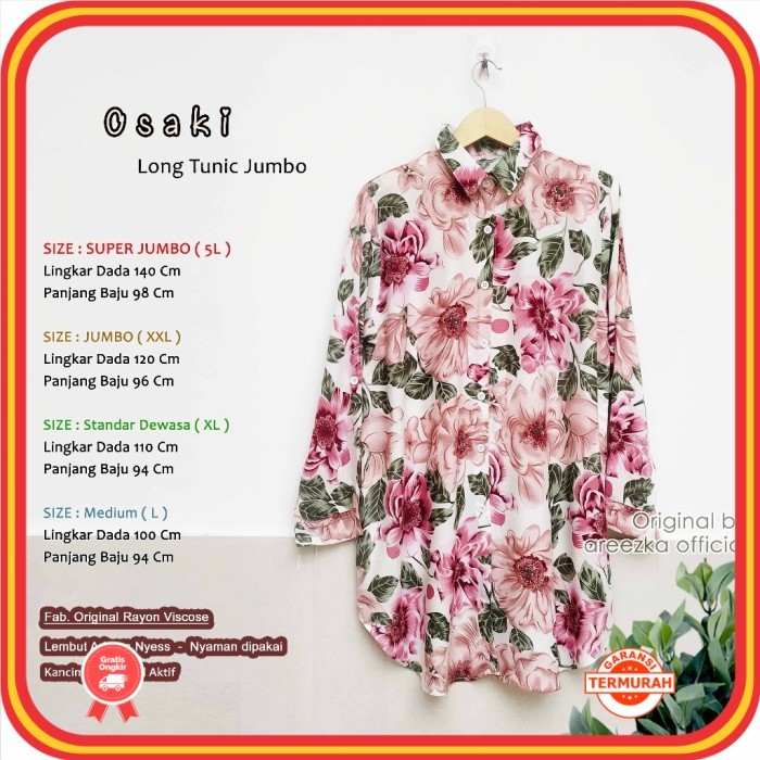 Tunik Muslim Wanita Keren Premium Berkualitas Style Korea /Osaki Kemeja Tunik Areezka Motif Rayon Vi