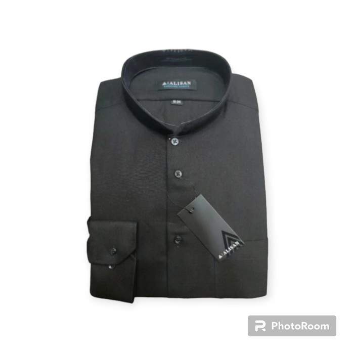 ✨E.SYO✨ - TERMURAH Kemeja Alisan Koko Hitam Polos Lengan Panjang Reguler Fit - Hitam Koko, 16 ( XL )
