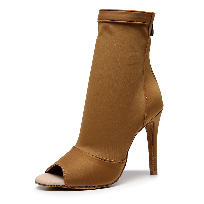 

Woman Brown Latin Zip Up Dance Booties Women High Heel Stiletto Sock Bootie for Ladies Open Toe Heels Dance for Girls Pratice
