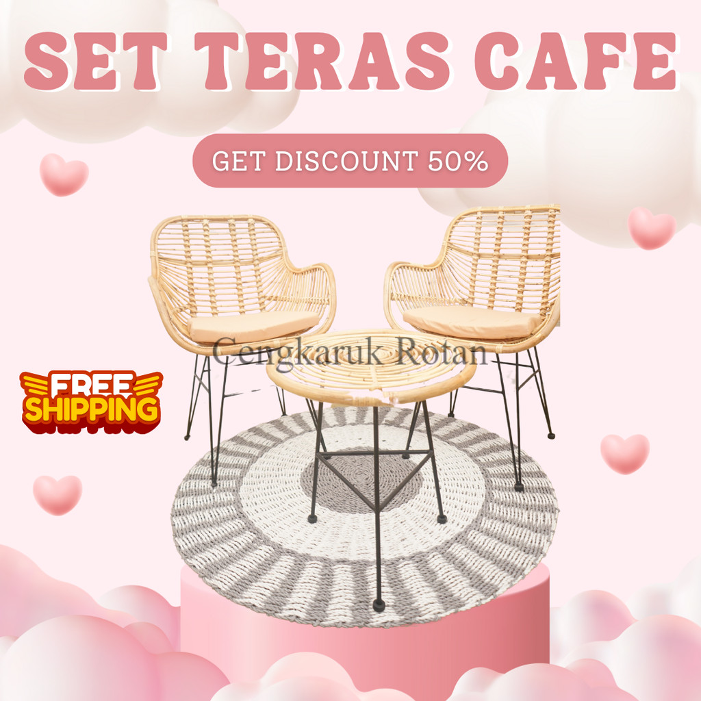 Set Teras Cafe Rotan & Besi – 2 Kursi & 1 Meja, Desain Modern Minimalis, Finishing Premium, Kuat & N