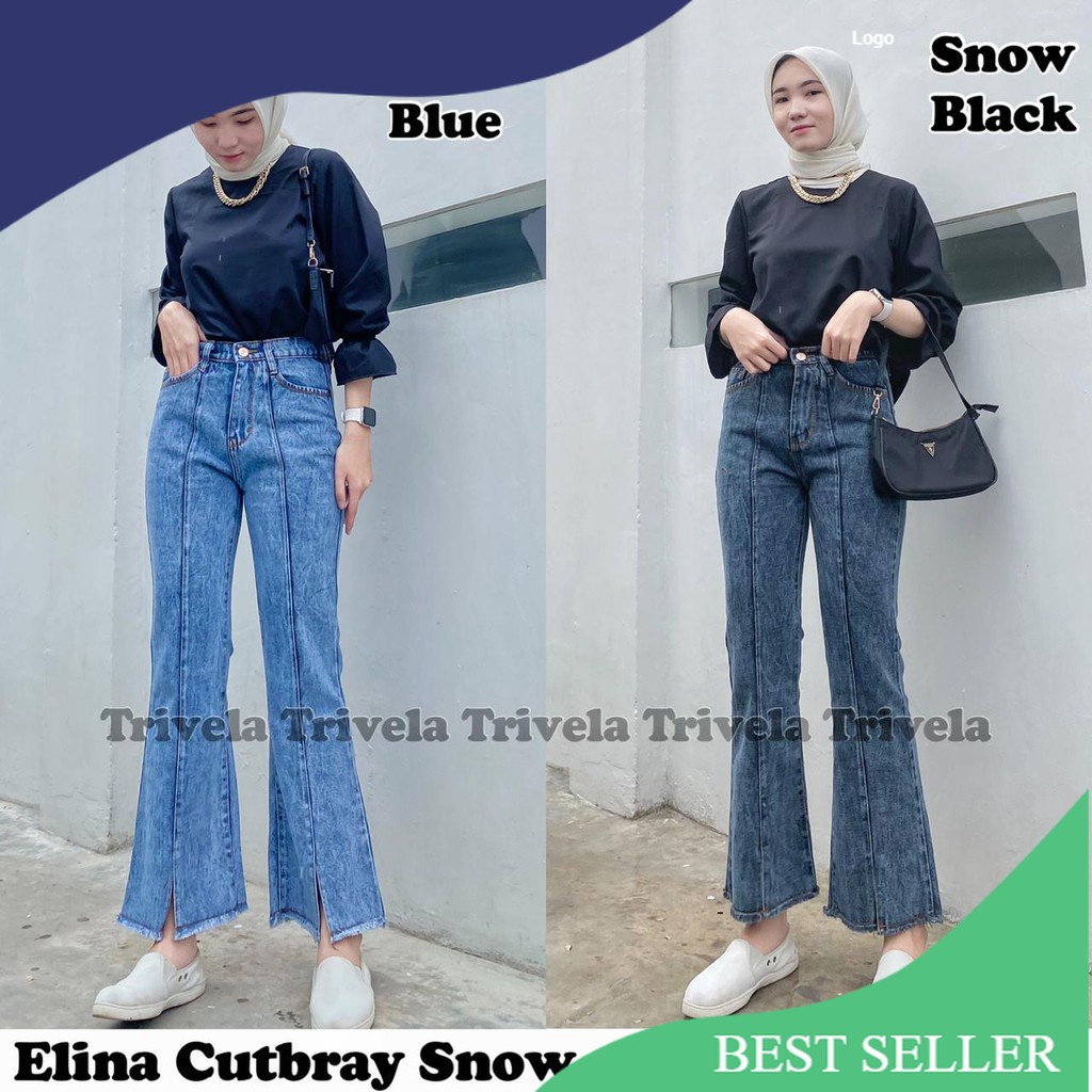 Elina Cutbray Jeans Snow / Jeans Cutbray Highwaist / Celana Jeans Wanita Cutbray 27-34/ Spesial