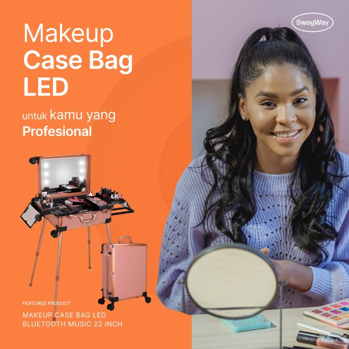 Anggit_ Beauty Case Tempat Makeup Koper Kotak Kosmetik MejaRias Kaca Lampu LED - Hitam