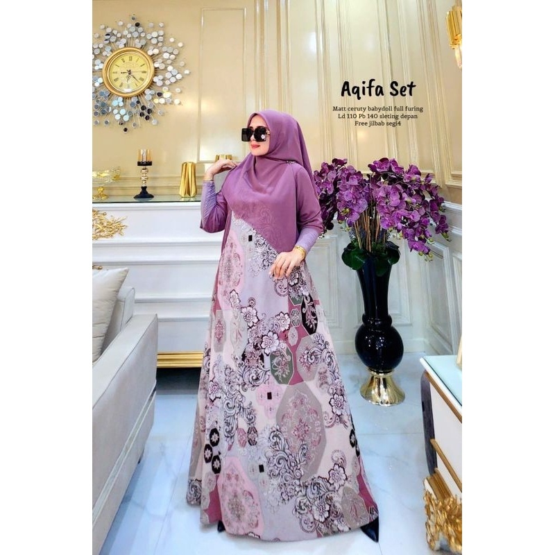 Cod Aqifa set hijab/gamis syari/gamis busui/gamis ceruty/gamis ld 110/gamis premium/gamis kekinian/b