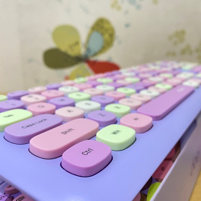 Andar Keyboard Mouse Wireless Retro Tombol Bulat Tuts Cute Pink PC Laptop HP - Hitam