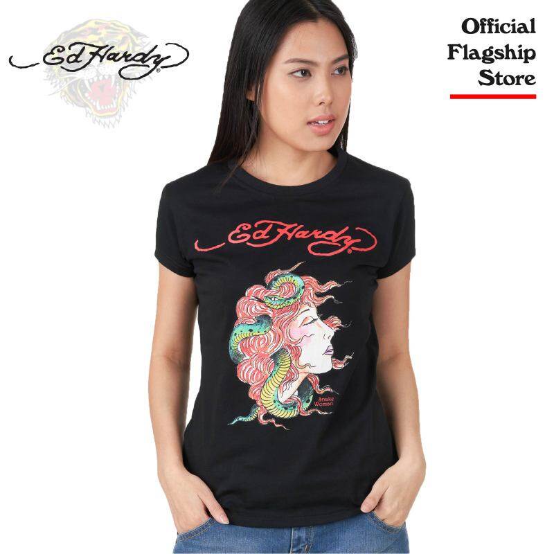 Kaos Leher Kru Cetak Ular Wanita Ed Hardy