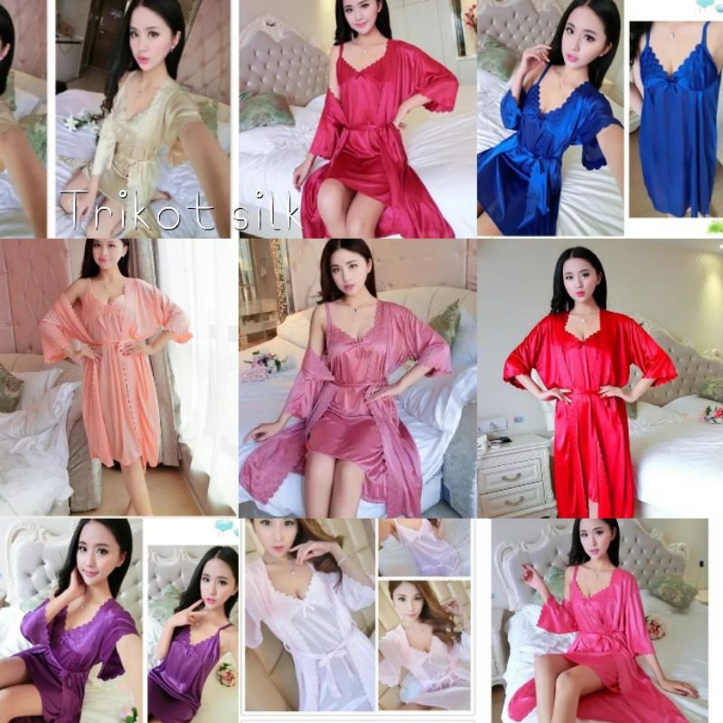 SETELAN PIYAMA SET BAJU TIDUR WANITA DEWASA KIMONO TIDUR 2IN1 SATIN SILK IMPORT BAHAN SATEN KIMONO T