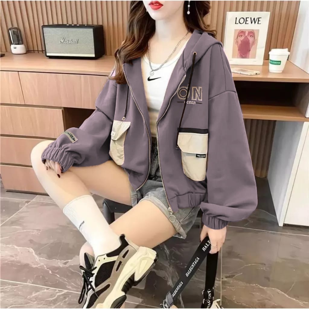 ON OCEAN HOODIE ZIPPER SWEATER WANITA - SWEATER WANITA KOREAN STYLE