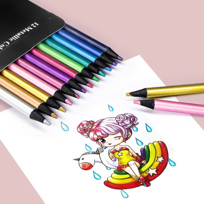 

FM - BEST SELLER 12Pcs Metallic Colored Pencils Non-Toxic Art Stationery Drawing