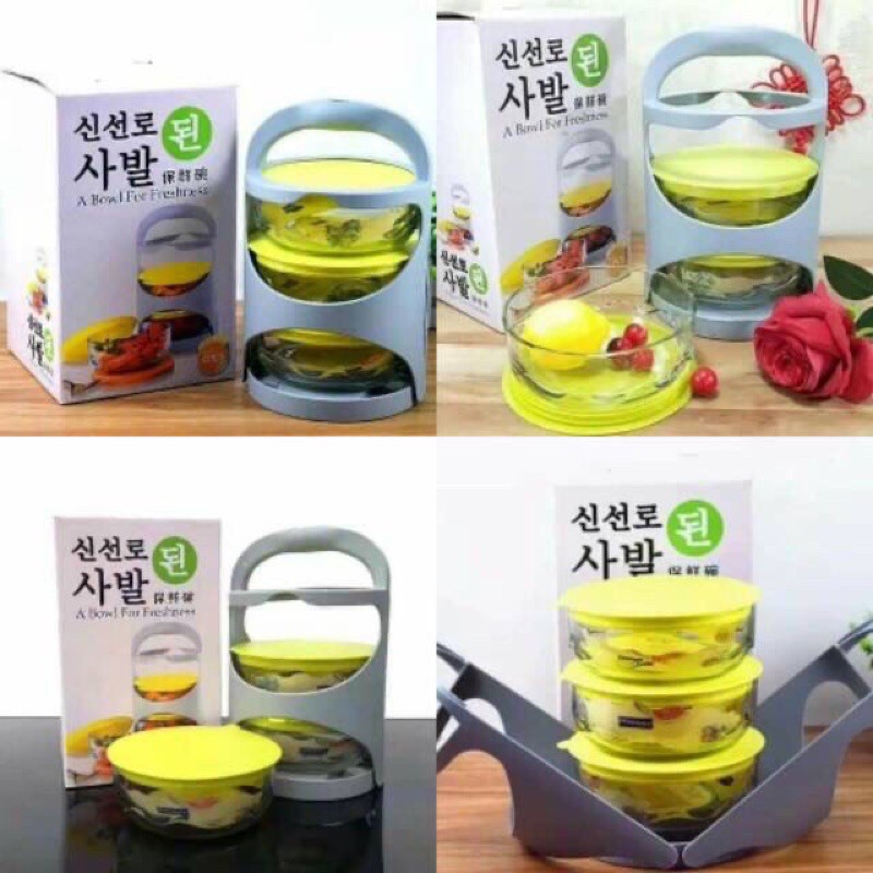 Rantang kaca 3 susun / Rantang kaca korea pegangangan