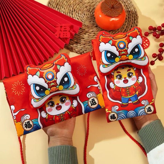 Angpao Dompet Barongsai Bisa Bunyi Ada Tali - Angpao 3 Dimensi Dompet Kain - Angpau Tas Lucu - Angpa