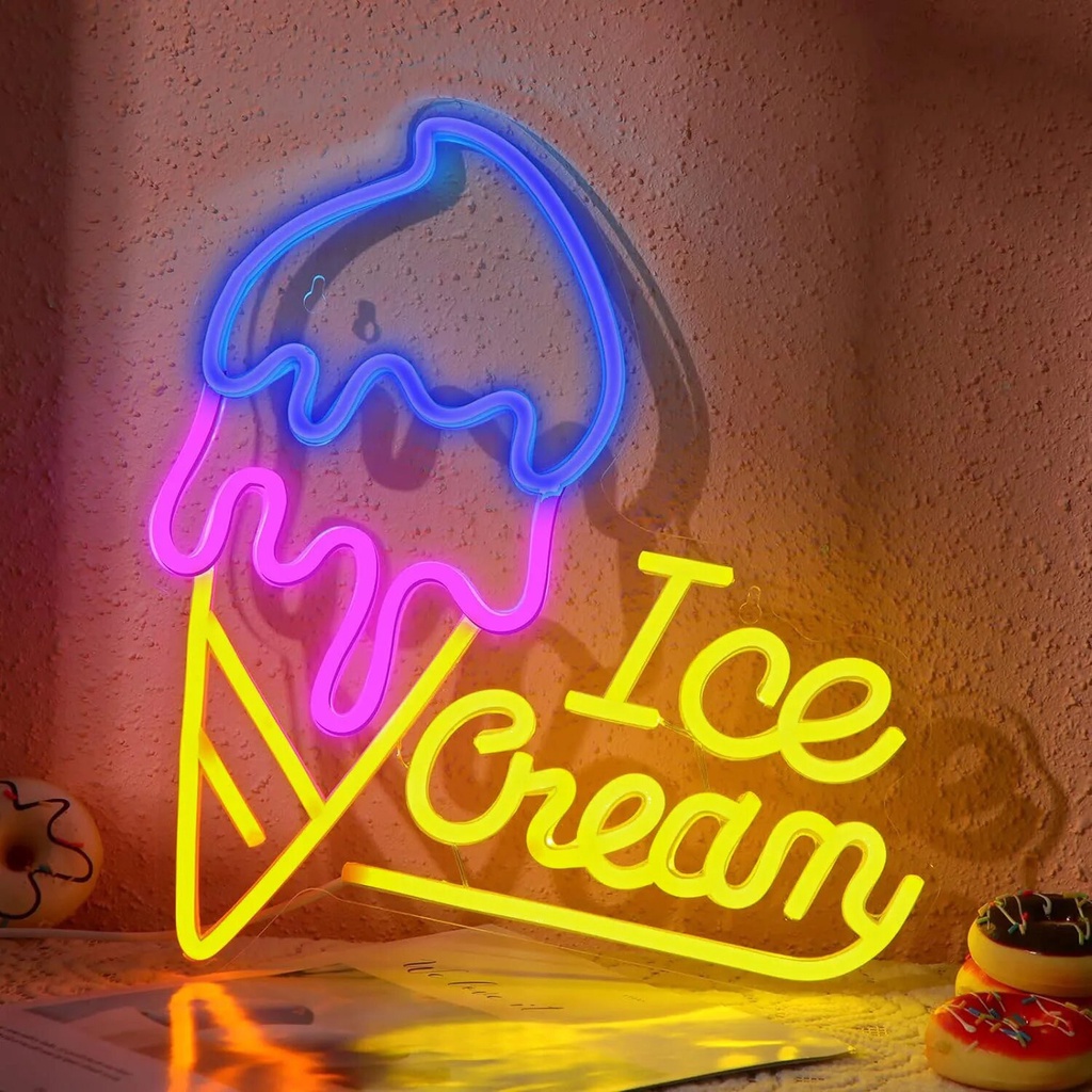LED Open Neon Sign Wall Decoration, Ice Cream Neon Sign Ice Cream Shaped LED Sign Bright Light Sign 