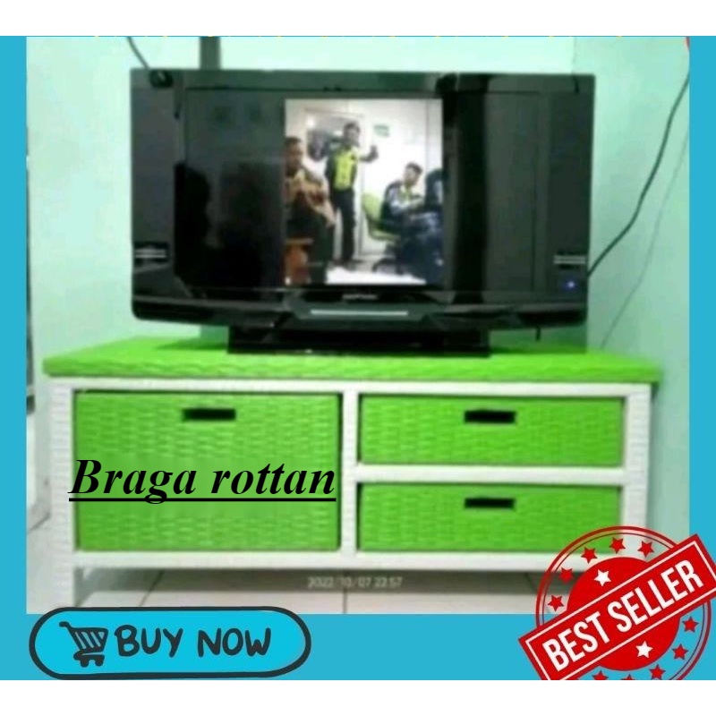 (REDY STOK) Meja Tv Rotan Sintetis Rak Laci 3 Rak Buku Susun