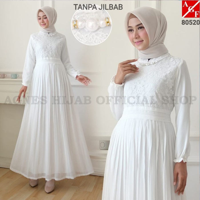 AGNES Baju Gamis Wanita Gamis Brukat Gamis Putih Baju Muslim 80520 - XL