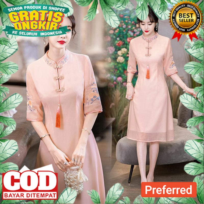 Cheongsam Qipao Pink Jumbo BB 83 KG Hanfu Modern Gaya Tiongkok Bordir Sifon Wanita// HARI RAYA IMLEK