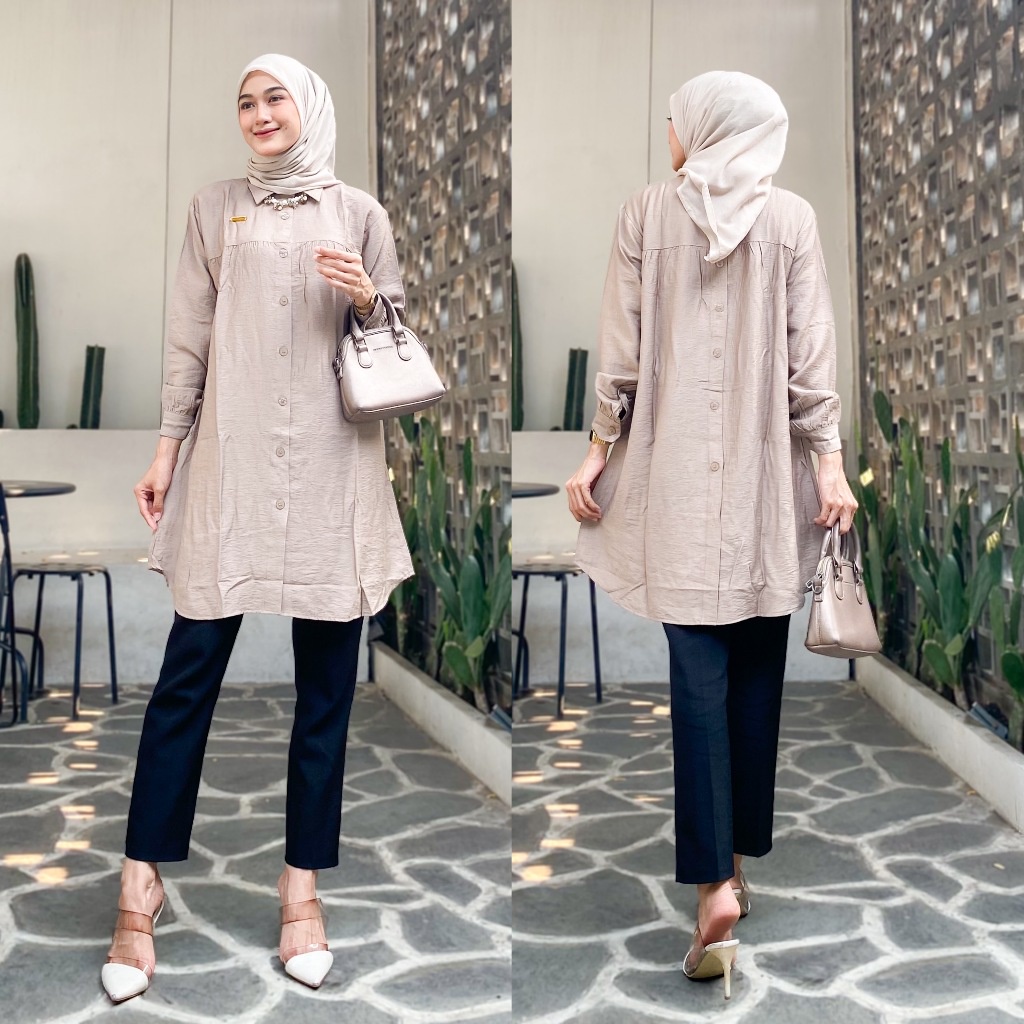 Alesa Tunik Polo Linen Kancing Depan Belakang Variasi Atasan Tunik Wanita Polo Linen Premium