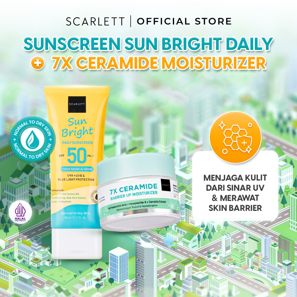 Scarlett  Skincare Paket Set Kecantikan Whitening Sunscreen Sun Bright Daily + 7x Ceramide Moisturiz