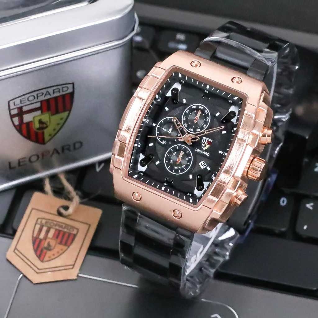 PROMO TERBARU Jam Tangan Pria Leopard-8018 Original Tali Rantai Body Segi Stainles Chrono Variasi Ta