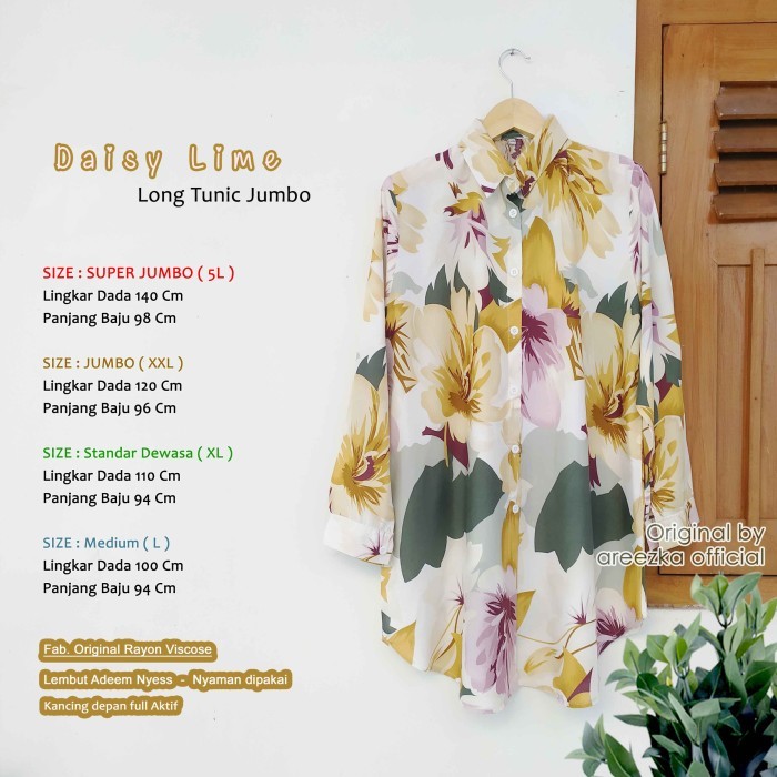 Trend Muslim~ Daisy Lime Kemeja Tunik Areezka Motif Rayon Viscose Premium LD 120 140 - XL