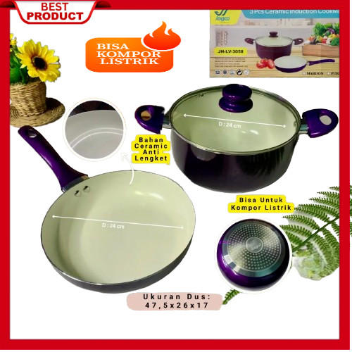 Panci Set 3 Pcs Keramik Ceramic Induksi Jagoo Anti Gores Peralatan Rumah Tangga rak rack panci pirin