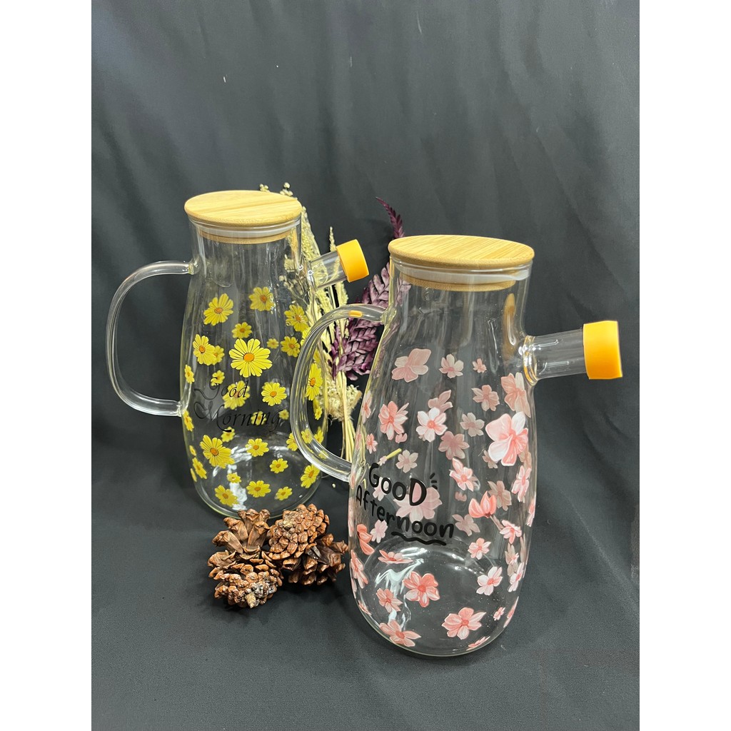 Teko Minyak Kaca Motif Bunga Oil Pot Flower Dengan Tutup Kayu 1L Perlengkapan Dapur Rumah Tangga