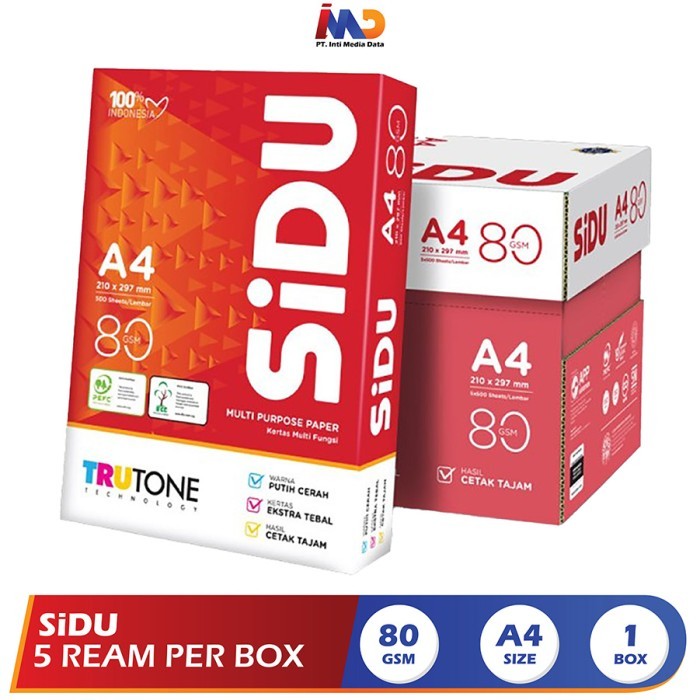 

SiDU Kertas HVS Fotocopy 80 GSM A4 - 1 Boks / 5 Rim