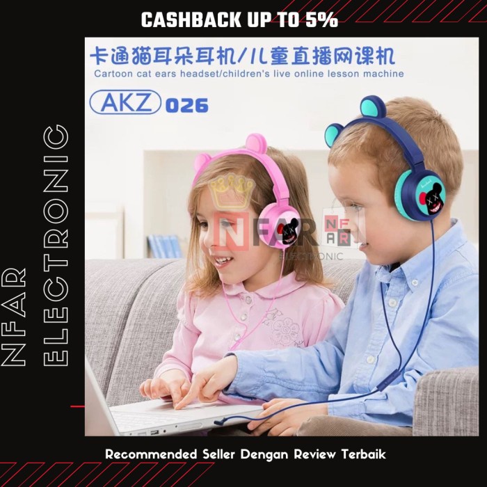 Headset Gaming Telinga Kucing AKZ-026 Headphone Anak Cat Ear Lucu Cute - Biru