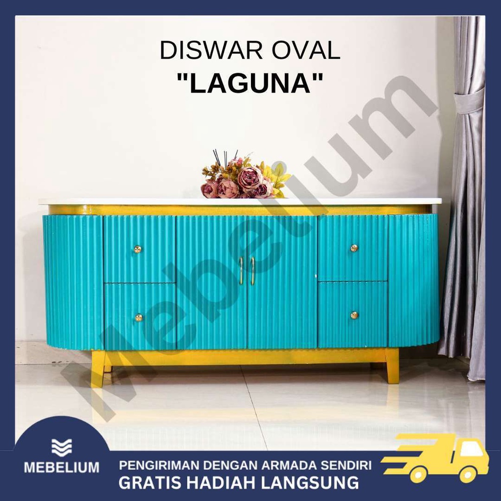 Diswar Oval Biru Premium Laguna | Bufet TV Salur Modern Kayu Bloktik | Meja TV Minimalis Elegan