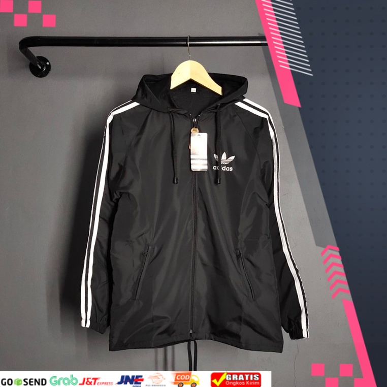 Jaket Pria Parasut Adidas Windbteaker Hitam List Putih XL XXL - Jaket Parsut Jumbo - Jaket Olahraga 