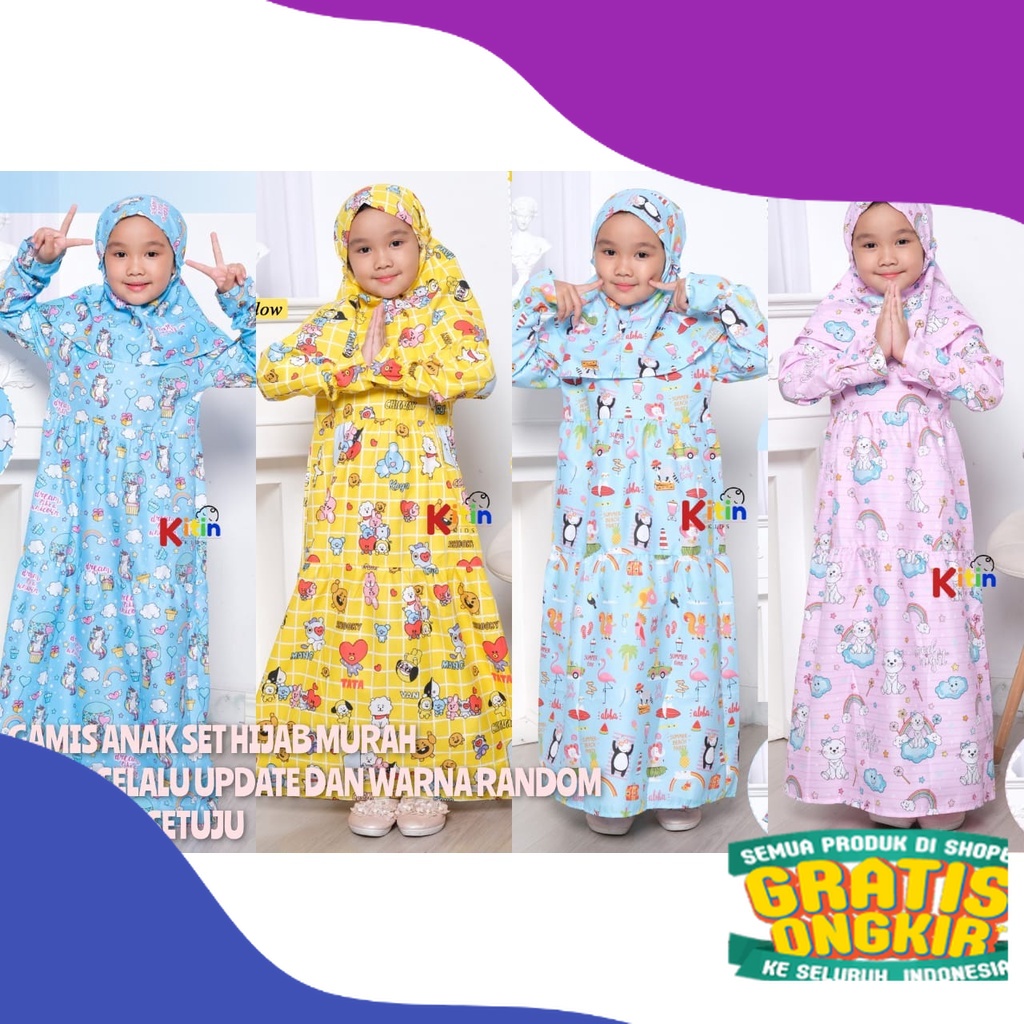 MS - BAJU MUSLIM NGAJI ANAK PEREMPUAN UKURAN 2-12 TAHUN MOTIF BTS BT21 UNICORN KUCING FLAMINGO GAMIS