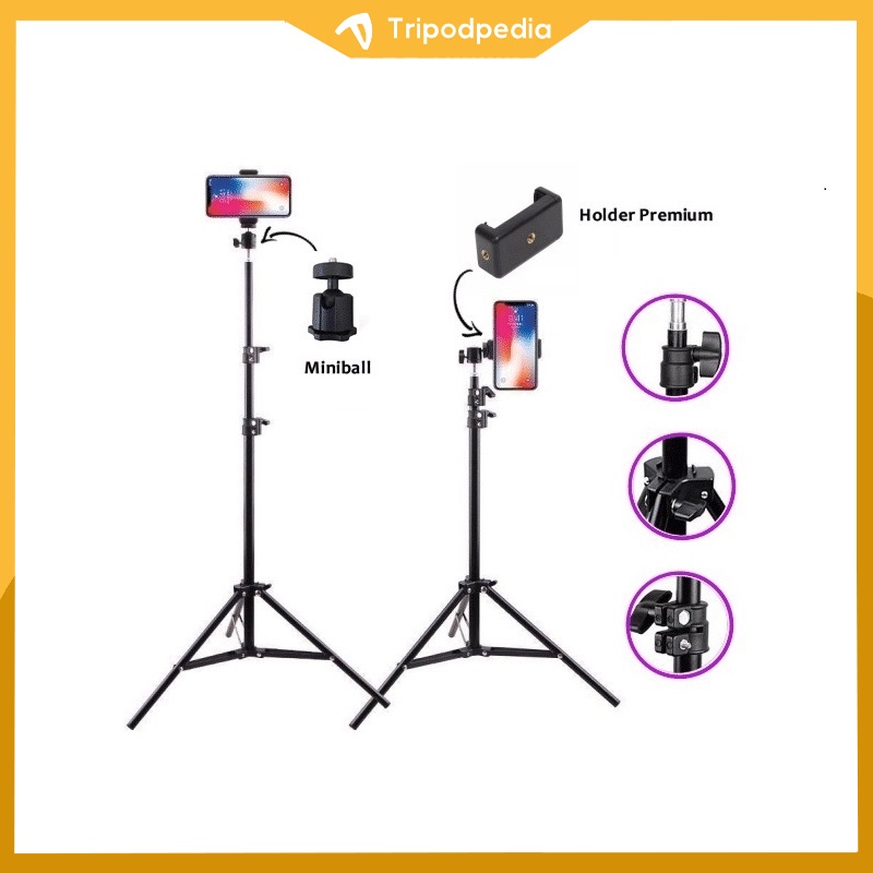 PAKET KOMPLIT TRIPOD 2.1M + MINI BALL / HEAD BALL + HOLDER PREMIUM / HOLDER E + TOMSIS  1 TOMBOL