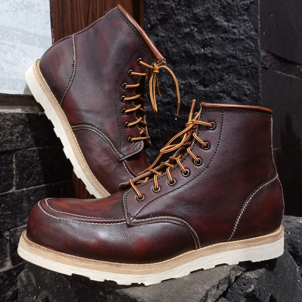GARANSI UANG KEMBALI Sepatu Boots Safety Moc Toe Kulit Sapi Asli Original 100% Maroon Brush Off Seri
