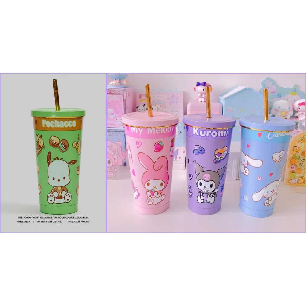 Gelas Tumblr 750ml Stainless Sedotan Kuromi Cinnamoroll Melody